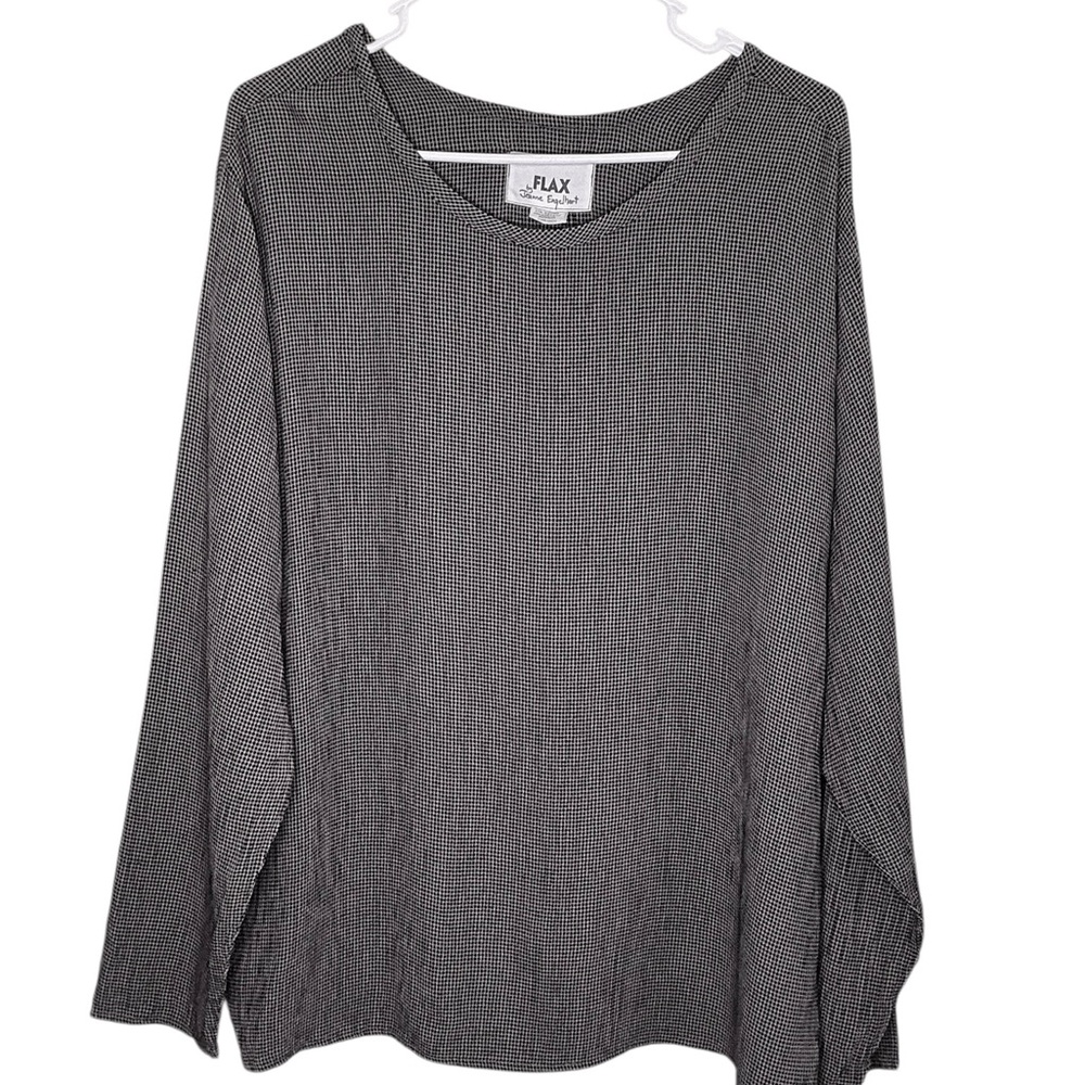 FLAX by Jeanne Engelhart Black & Cream Micro Check Linen Long Sleeve Top Medium